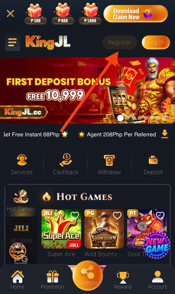 🎇 Step 1: Access the KINGJL homepage and click Register